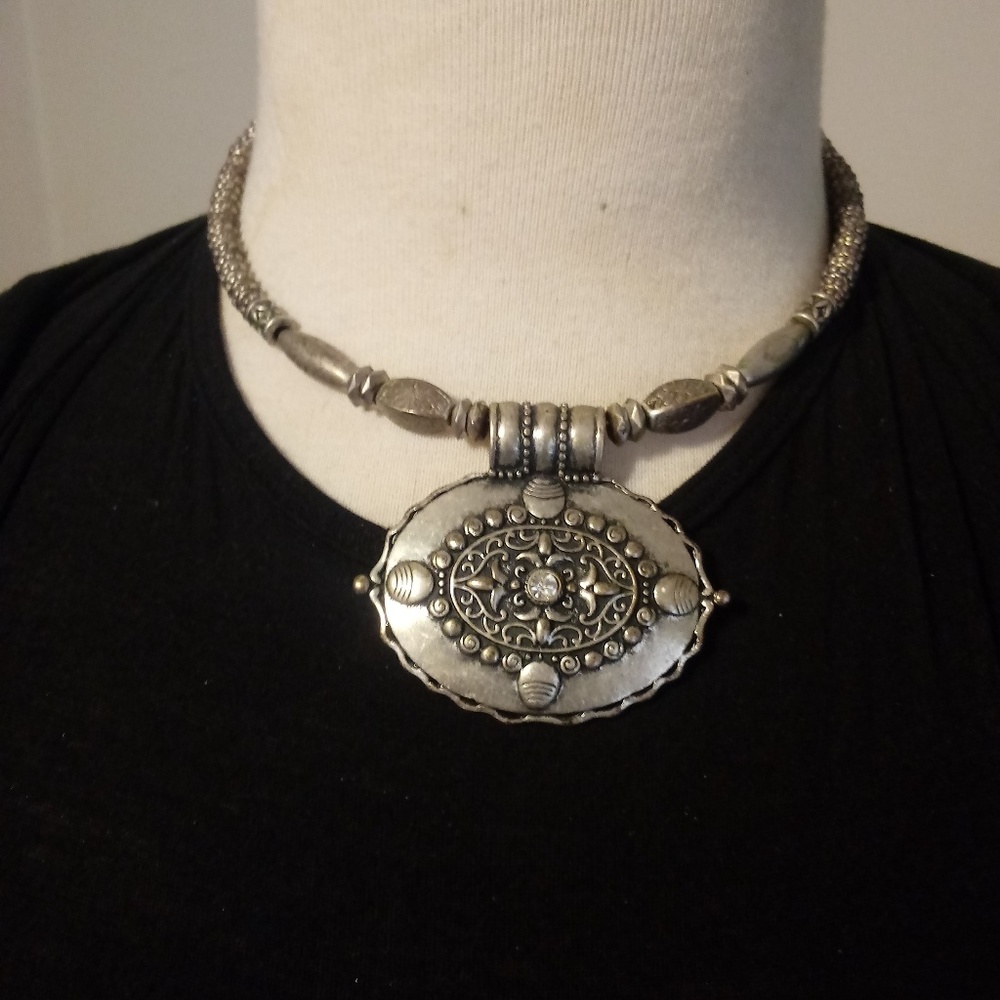 Silver Tone Coil Necklace Large Pendant